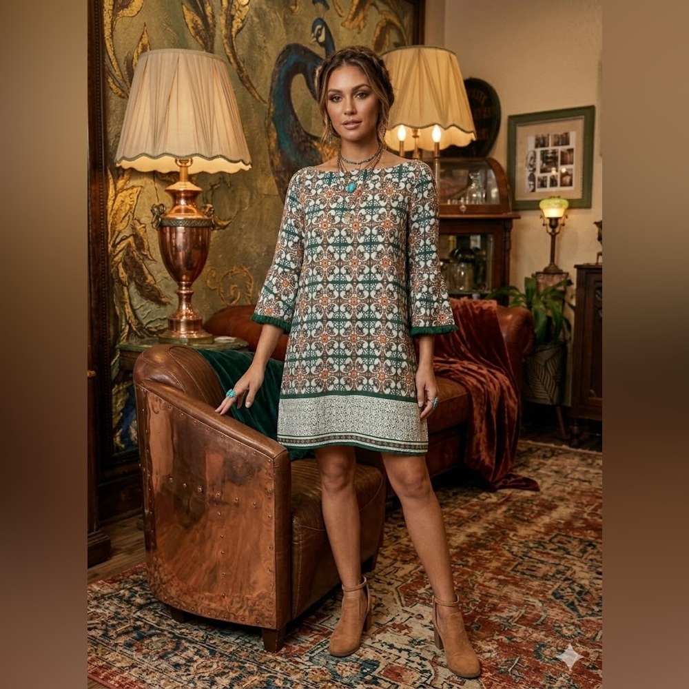 Lulus Boho Glam Open Back Medallion Print Bell Sleeve Mini Dress Size Large
